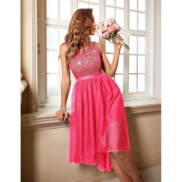 BeryLove Women Tulle Sequin Pink iChiffon Scoop Neck Sleeveless Cocktail Dresses - Picture 6 of 7
